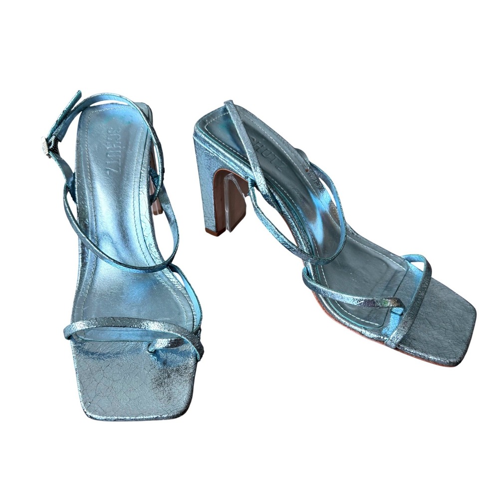 Schutz Metallic Blue Cracked Leather Strappy Block Heel Square Toe Sandals 8B